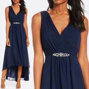 Eliza J NWT Embellished High/Low Chiffon Dress in Navy